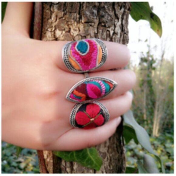 COPY - Hand crafted BOHO Hand Embroidered Adjustable Silver Ring Tribal Festival - Picture 7 of 7